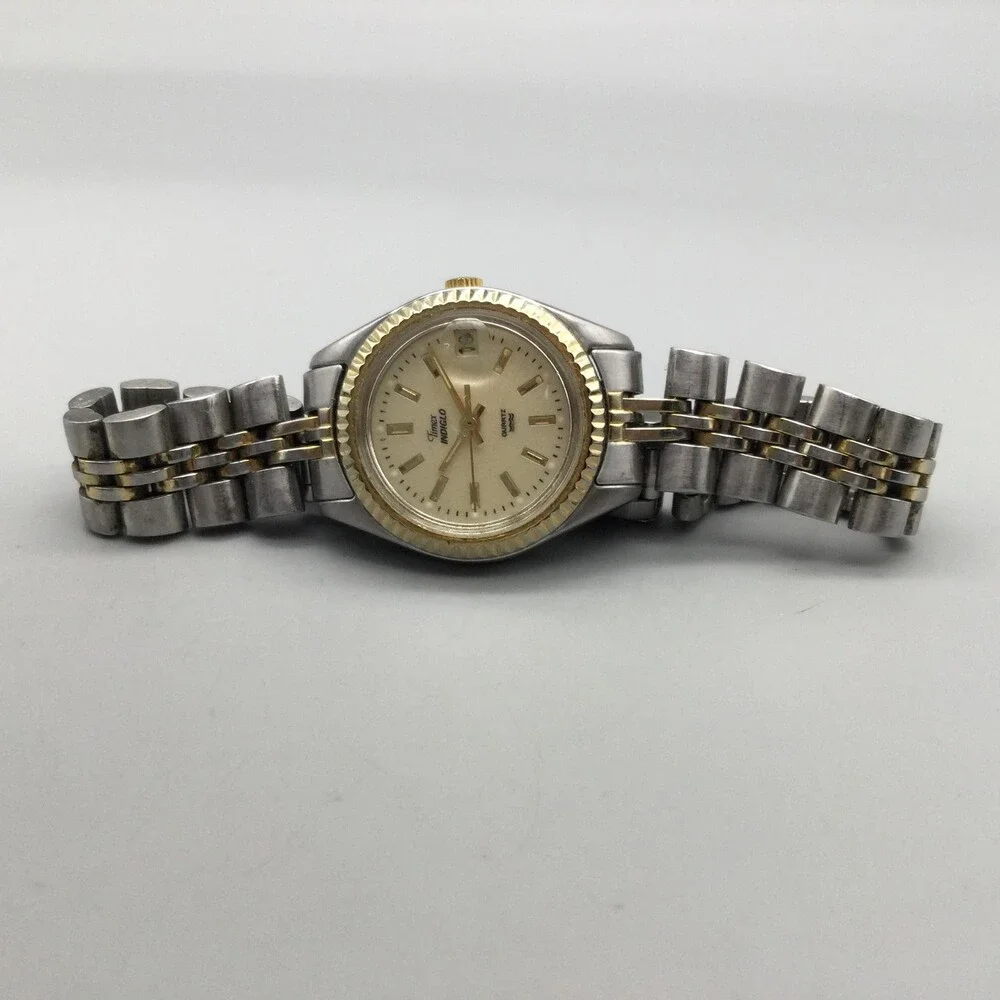 Timex Indiglo Womens Watch 24mm Champagne Dial Two Tone Date New Battery 6.5